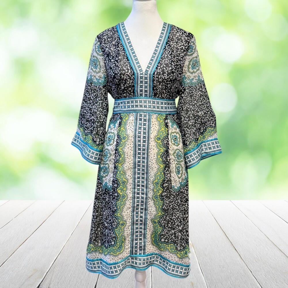 Vintage Y2K Boho Tie Back Dress Scarf Border Print Chiffon Bell Sleeve Size 4